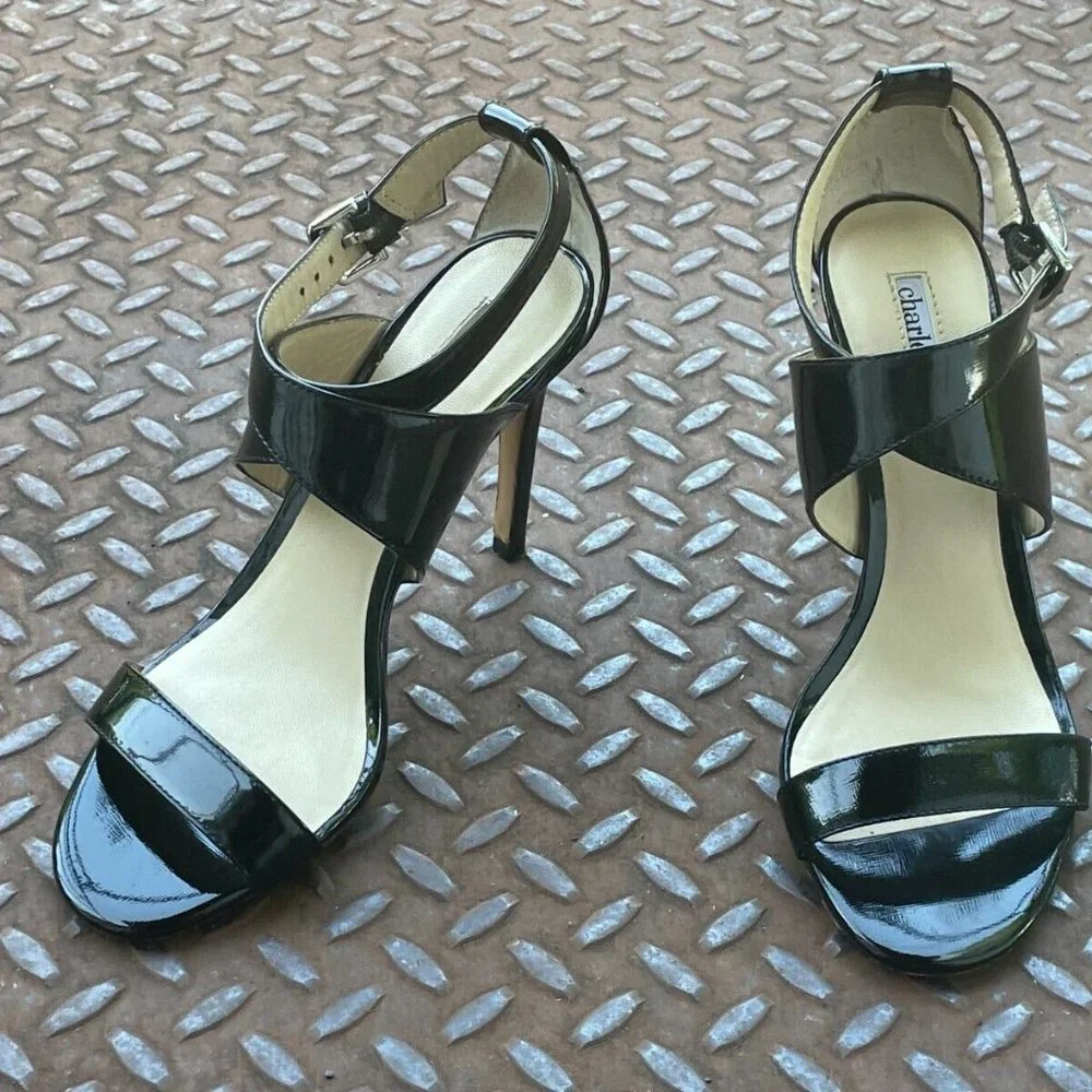 Charles David Women Heel Black Patent Leather Upper Sandal Strappy Shoes Size 7 - Picture 2 of 9